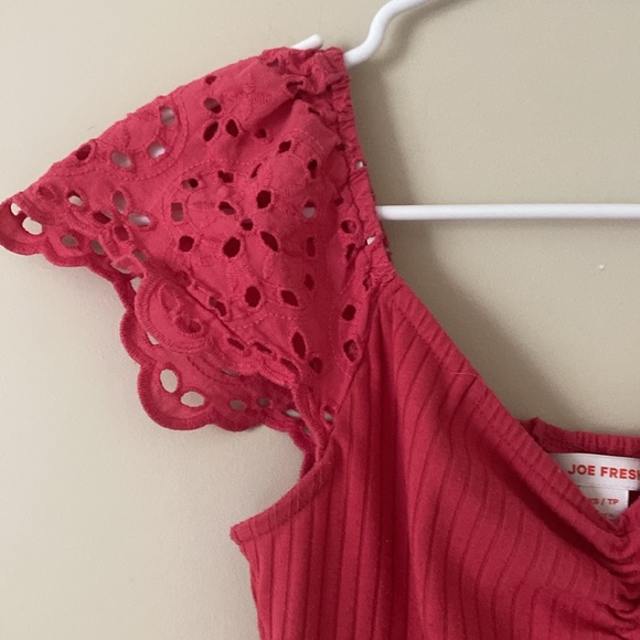 Joe Fresh Pink V Neck Summer Embroidered Short Sleeve Ribbed Shirt - Picture 6 of 9